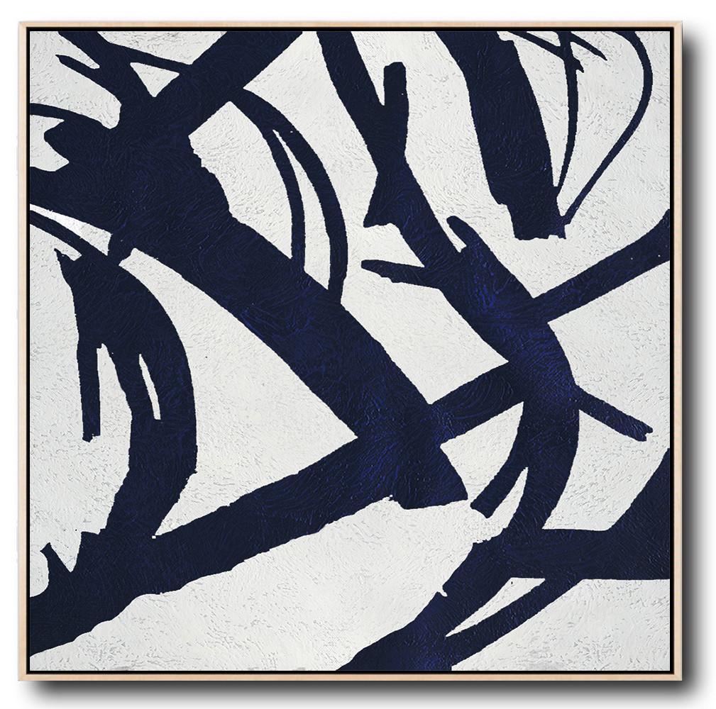 Minimalist Navy Blue And White Painting - Oil Paintings Online Large
